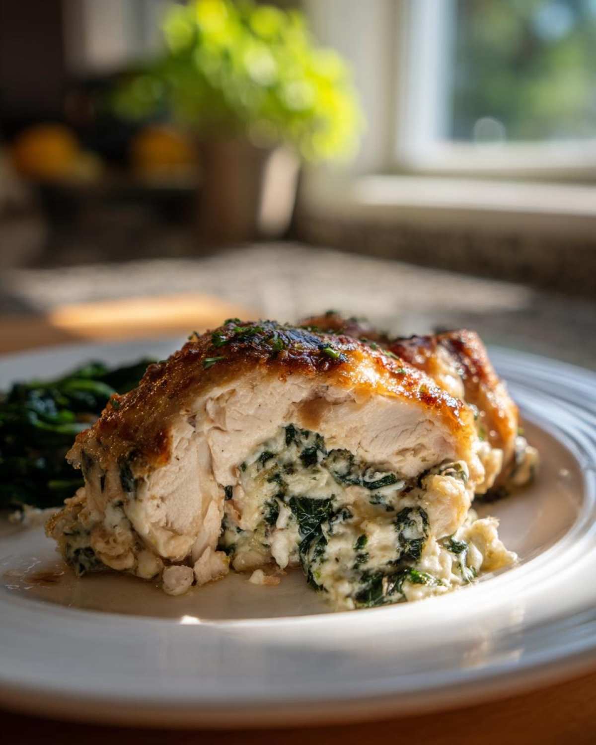 A cross-section view of a perfectly cooked Keto Cheesy Spinach Stuffed Chicken breast, showing the creamy spinach filling.