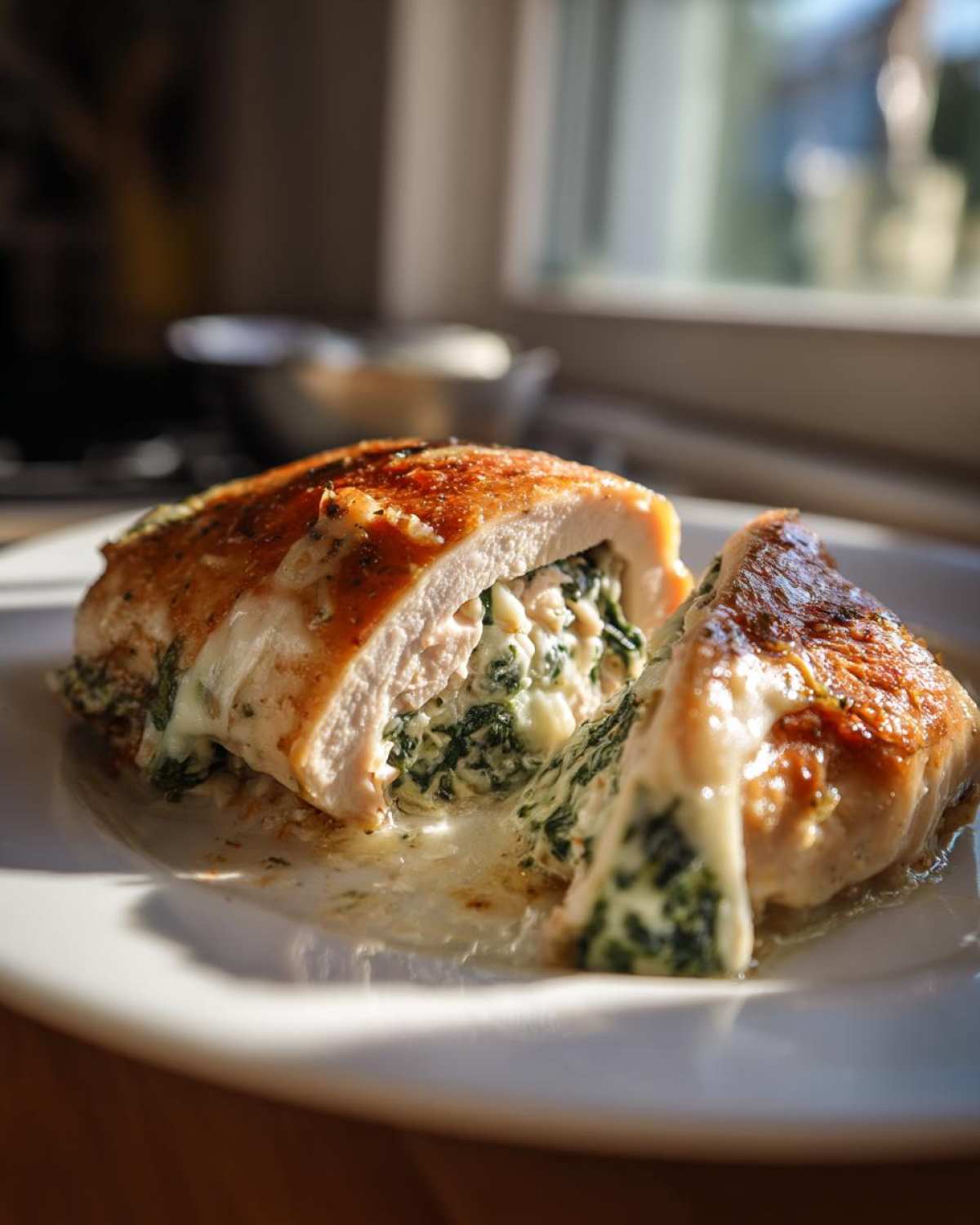 Cross-section of a Keto Cheesy Spinach Stuffed Chicken breast showing melted cheese and spinach filling.