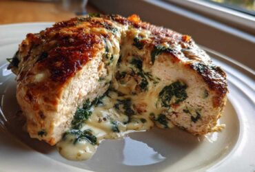 Cross-section of Keto Cheesy Spinach Stuffed Chicken showing melted cheese and spinach filling oozing out.