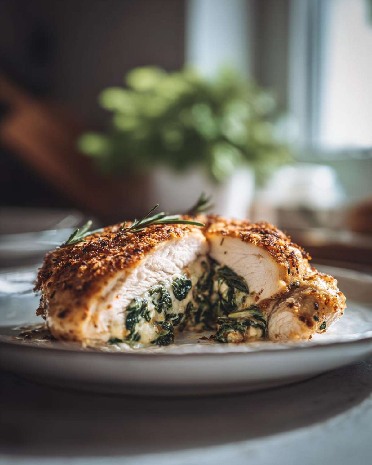 Cross-section of Keto Cheesy Spinach Stuffed Chicken showing creamy filling and crispy crust.