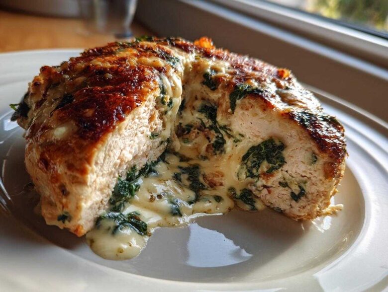 Cross-section of Keto Cheesy Spinach Stuffed Chicken showing melted cheese and spinach filling oozing out.