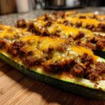 Close-up of freshly baked Keto Cheesy Taco Stuffed Zucchini Boats topped with melted cheddar cheese.
