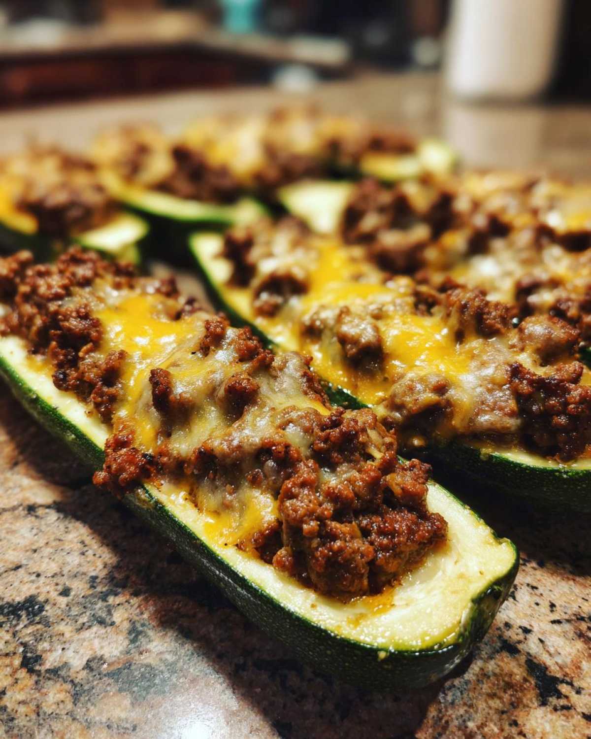 A close-up of baked Keto Cheesy Taco Stuffed Zucchini Boats filled with seasoned ground meat and melted cheddar cheese.