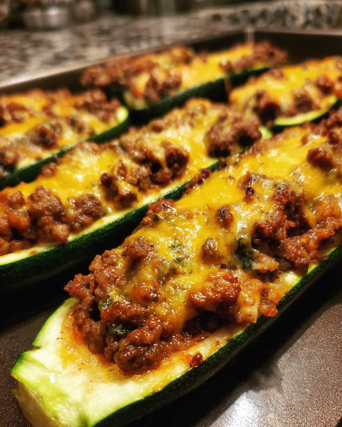 Close-up of freshly baked Keto Cheesy Taco Stuffed Zucchini Boats topped with melted cheddar cheese.