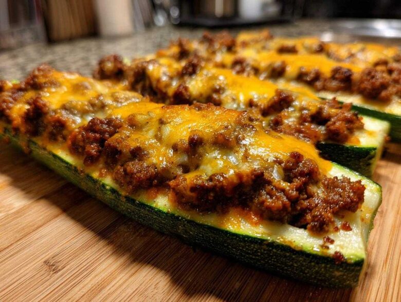 Close-up of freshly baked Keto Cheesy Taco Stuffed Zucchini Boats topped with melted cheddar cheese.
