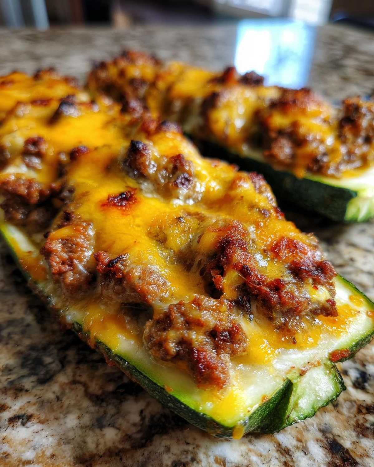 Close-up of baked Keto Cheesy Taco Stuffed Zucchini Boats topped with melted cheddar cheese and seasoned ground meat.