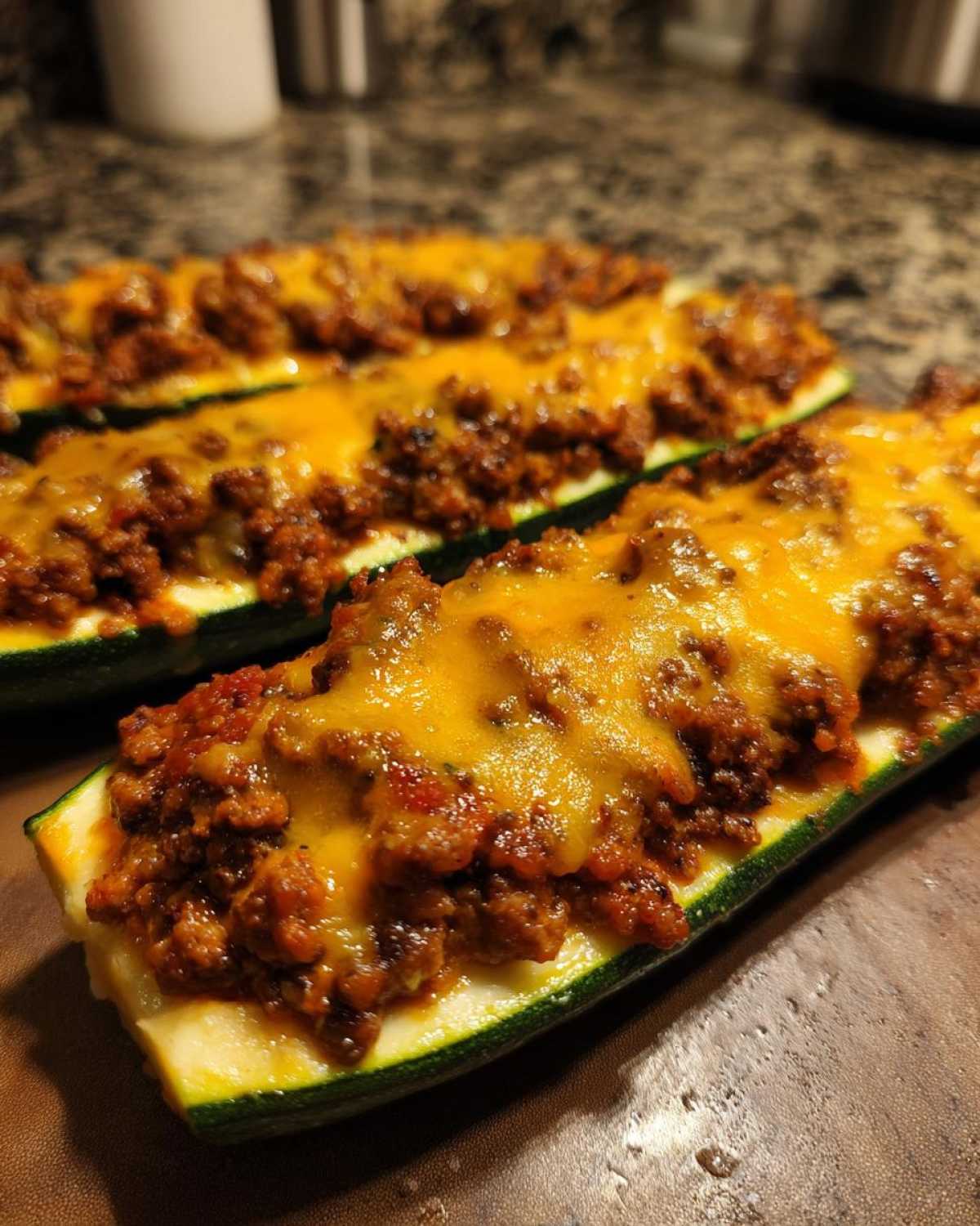 Close-up of baked Keto Cheesy Taco Stuffed Zucchini Boats topped with melted cheddar cheese.
