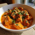Close-up of Keto Creamy Butter Chicken Skillet in a white bowl, garnished with fresh cilantro.