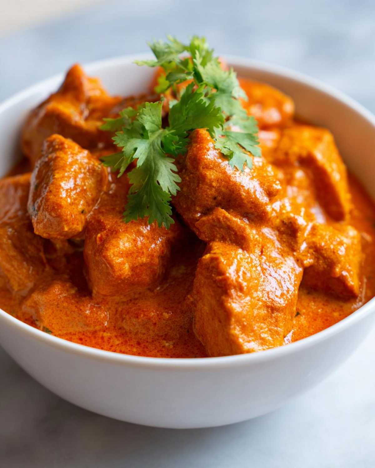 Close-up of tender chicken pieces swimming in rich, orange sauce in a white bowl, garnished with fresh cilantro, representing Keto Creamy Butter Chicken Skillet.