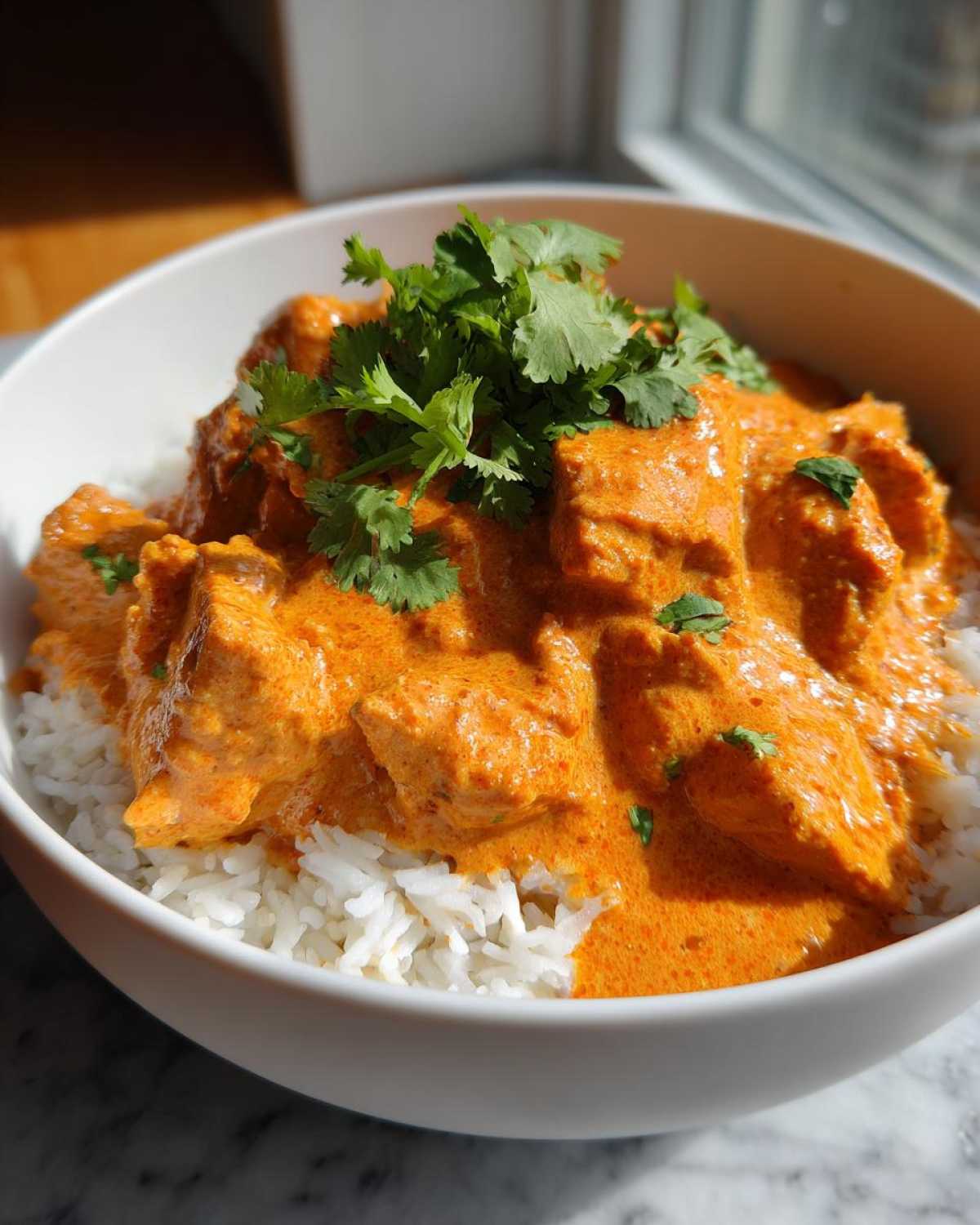 Close-up of Keto Creamy Butter Chicken Skillet served over white rice and garnished with fresh cilantro.