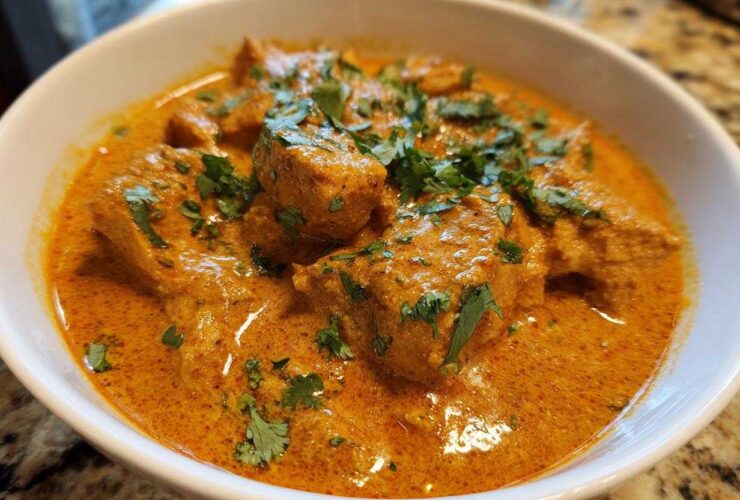 Close-up of rich, orange-hued Keto Creamy Butter Chicken Skillet topped with fresh cilantro.