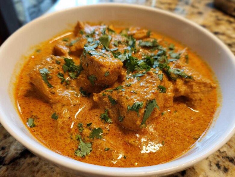 Close-up of rich, orange-hued Keto Creamy Butter Chicken Skillet topped with fresh cilantro.