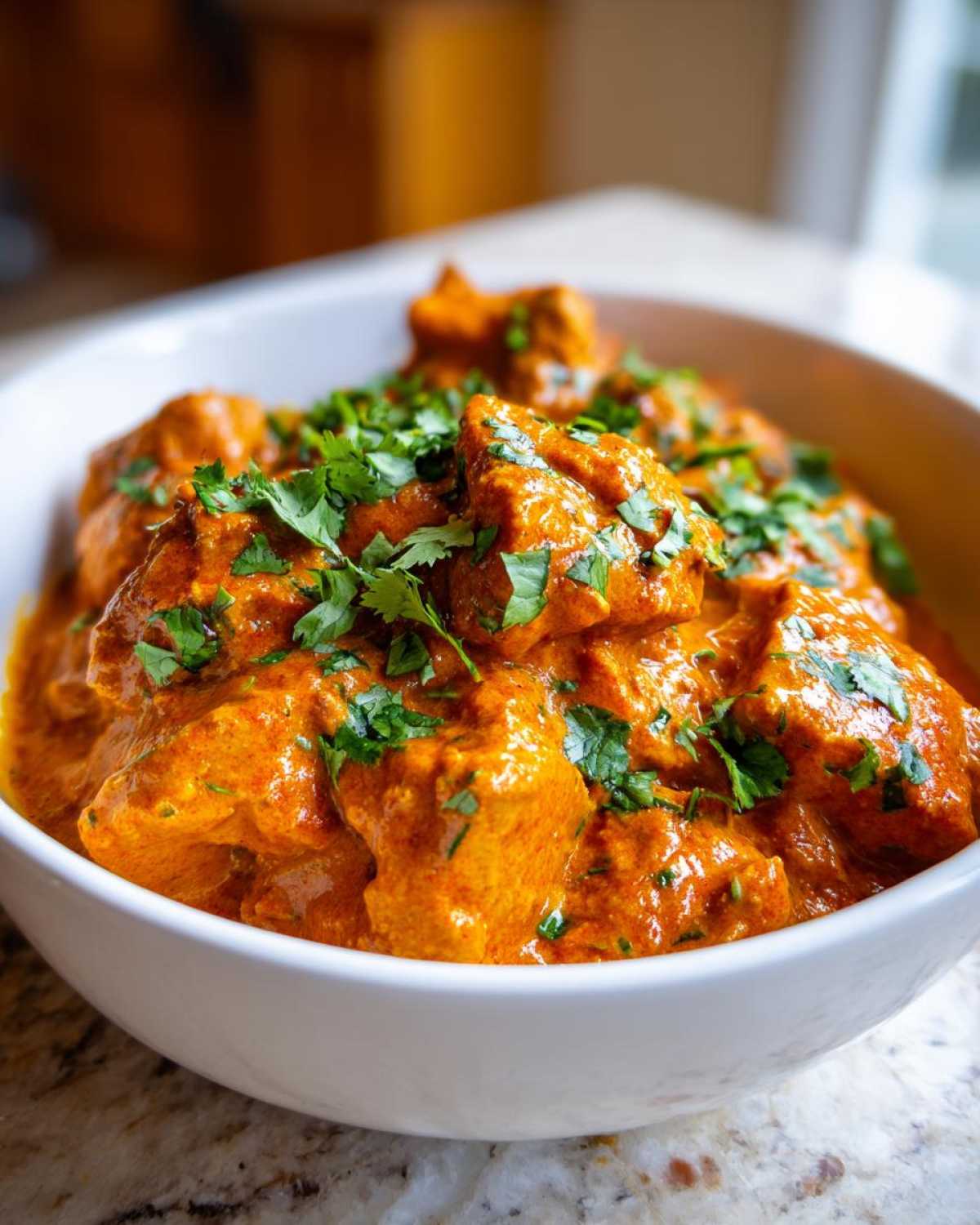 Close-up of rich, orange-hued Keto Creamy Butter Chicken Skillet topped with fresh cilantro in a white bowl.