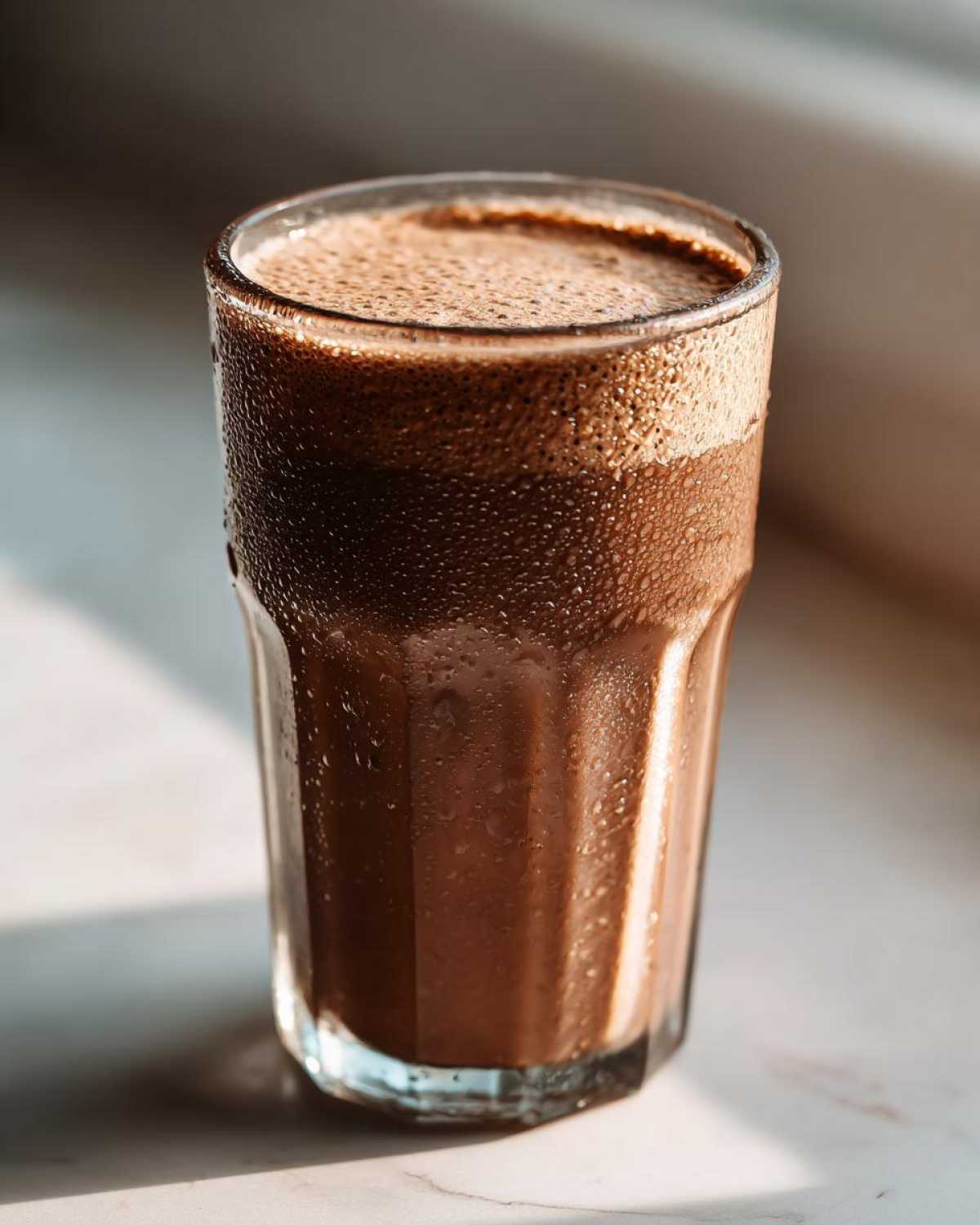 A tall, cold glass filled with a frothy Keto Creamy Chocolate Peanut Butter Shake, showing condensation droplets.