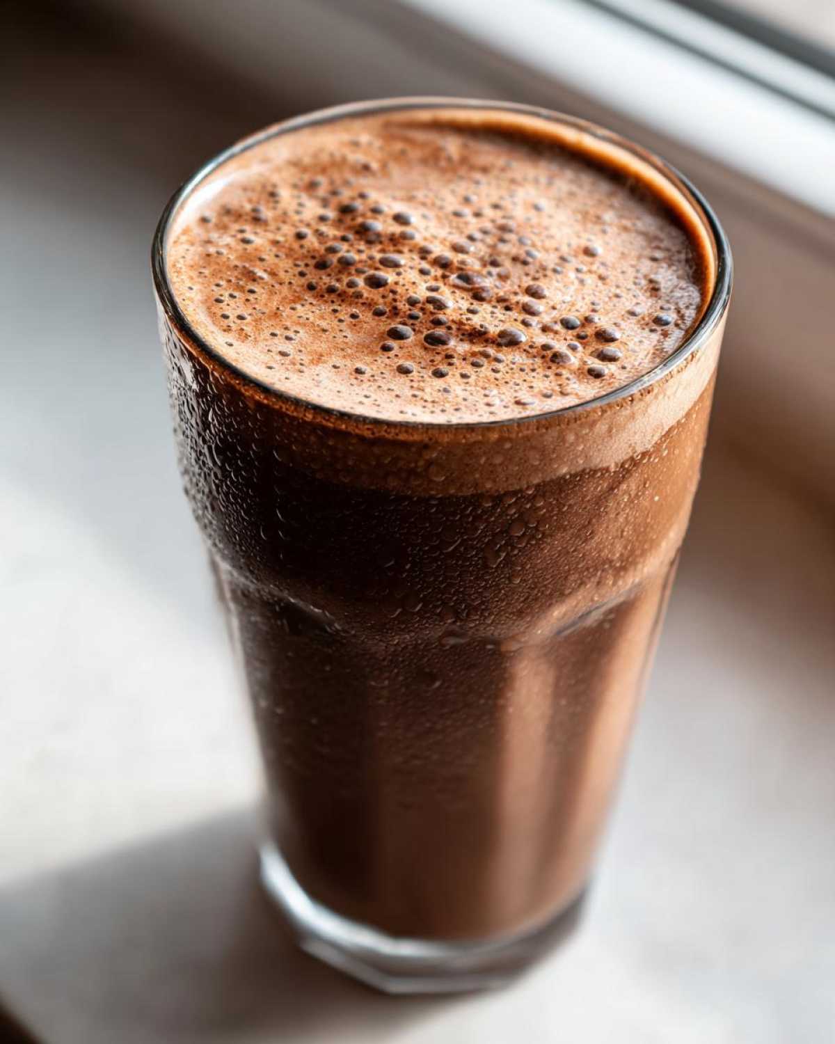 Close-up of a tall glass filled with a frosty Keto Creamy Chocolate Peanut Butter Shake, showing condensation on the glass.