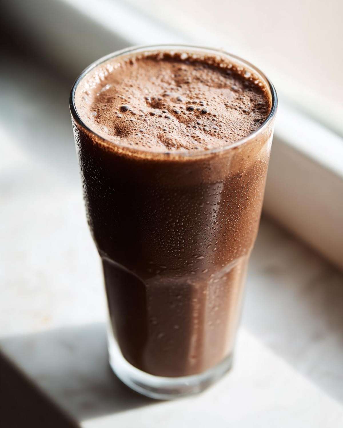 Close-up of a tall, sweating glass filled with a thick, cold Keto Creamy Chocolate Peanut Butter Shake.