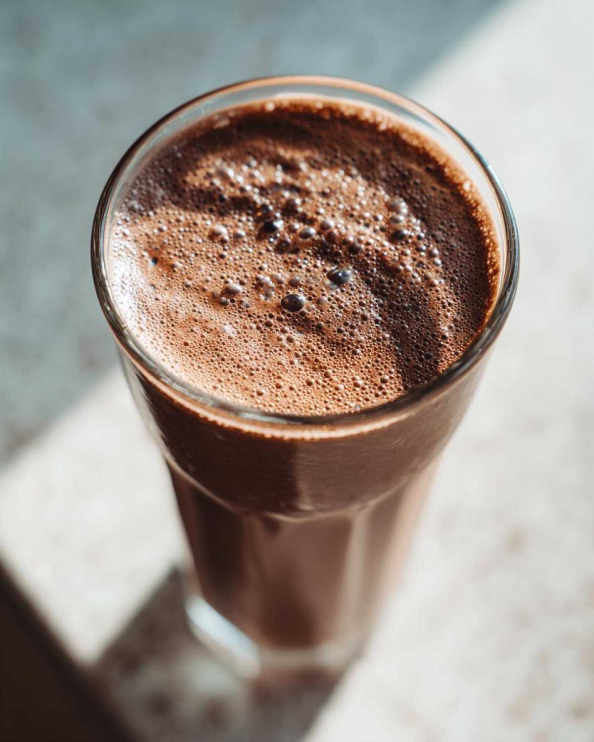 Overhead close-up of a tall glass filled with a rich, frothy Keto Creamy Chocolate Peanut Butter Shake.