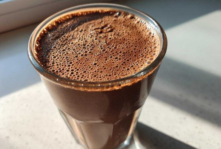 Close-up of a rich, dark brown Keto Creamy Chocolate Peanut Butter Shake with a layer of fine foam on top, sitting by a window.