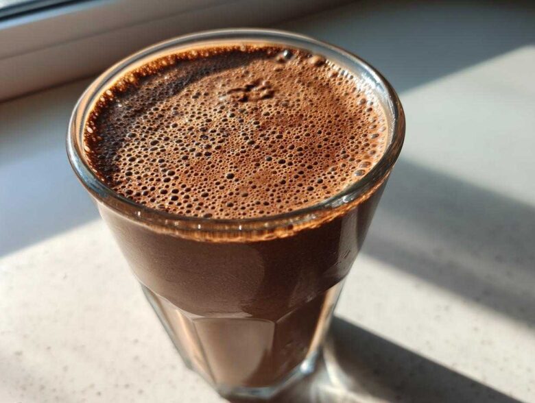 Close-up of a rich, dark brown Keto Creamy Chocolate Peanut Butter Shake with a layer of fine foam on top, sitting by a window.