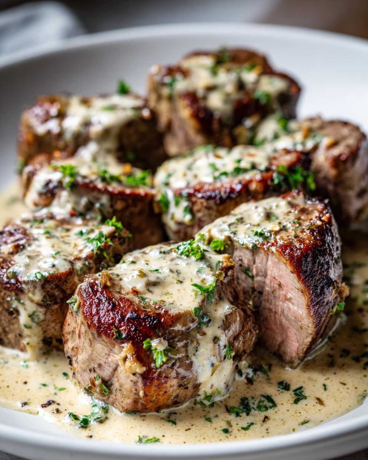 Close-up of seared Keto Creamy Garlic Herb Pork Tenderloin medallions covered in rich sauce.