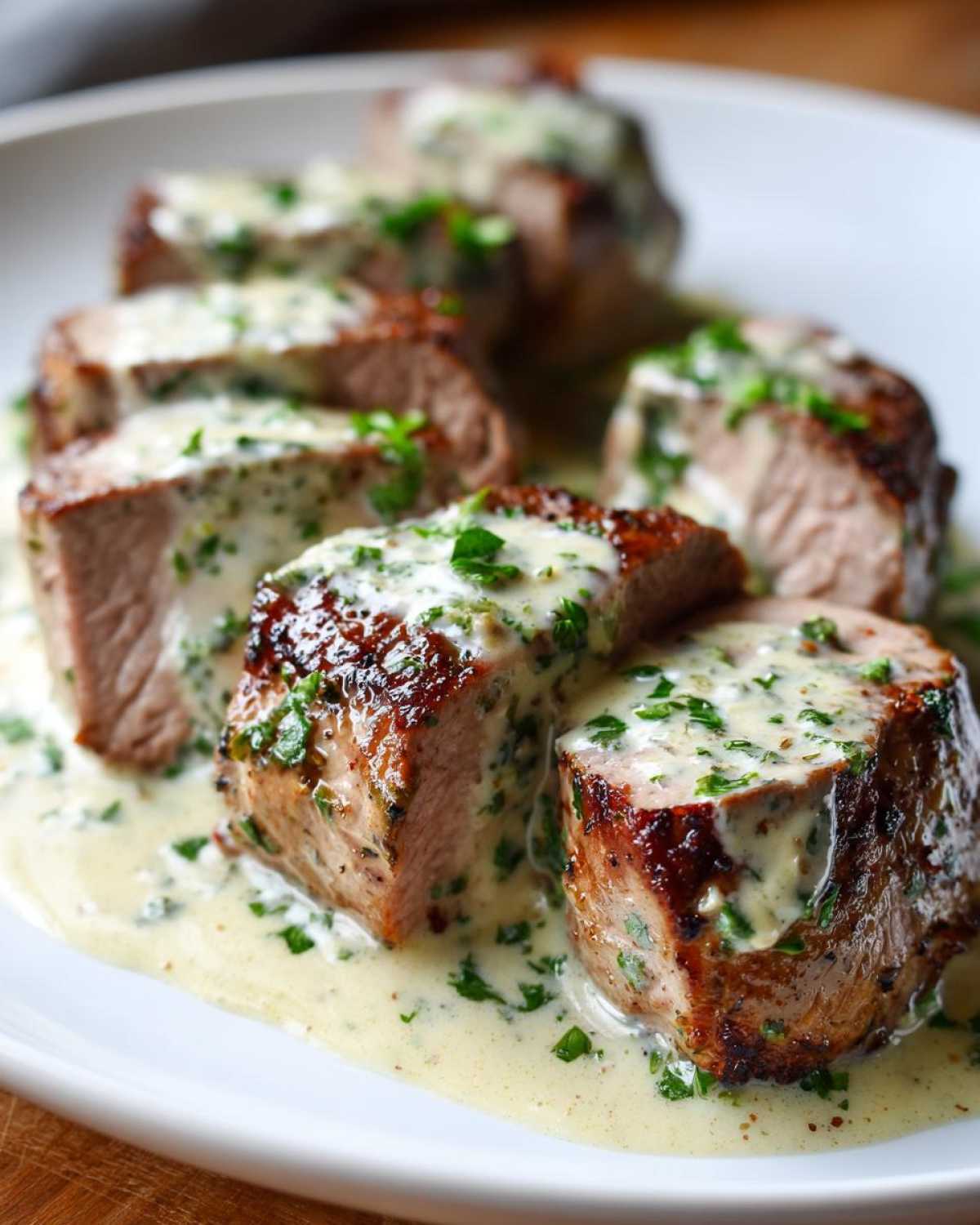 Close-up of sliced Keto Creamy Garlic Herb Pork Tenderloin covered in a rich, herb-flecked cream sauce.