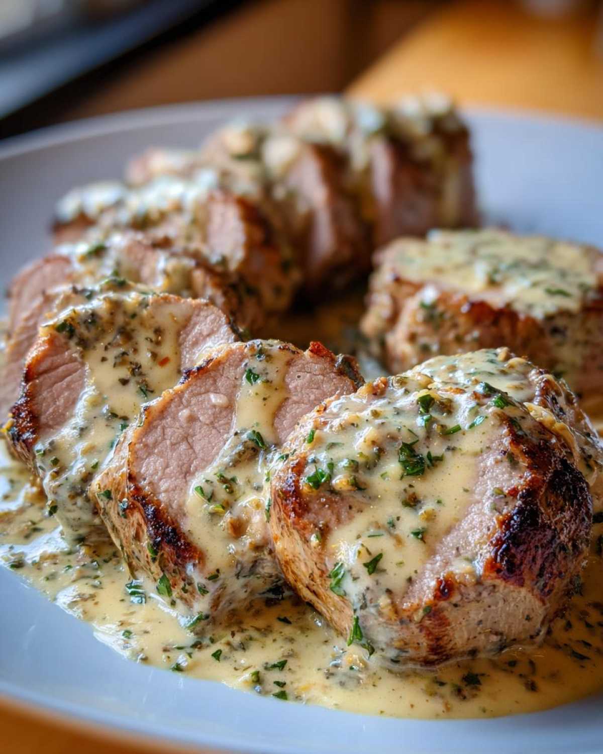 Close-up of sliced Keto Creamy Garlic Herb Pork Tenderloin smothered in a rich, herb-flecked cream sauce.