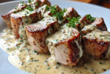 Slices of seared pork tenderloin covered in a rich Keto Creamy Garlic Herb sauce and garnished with parsley.