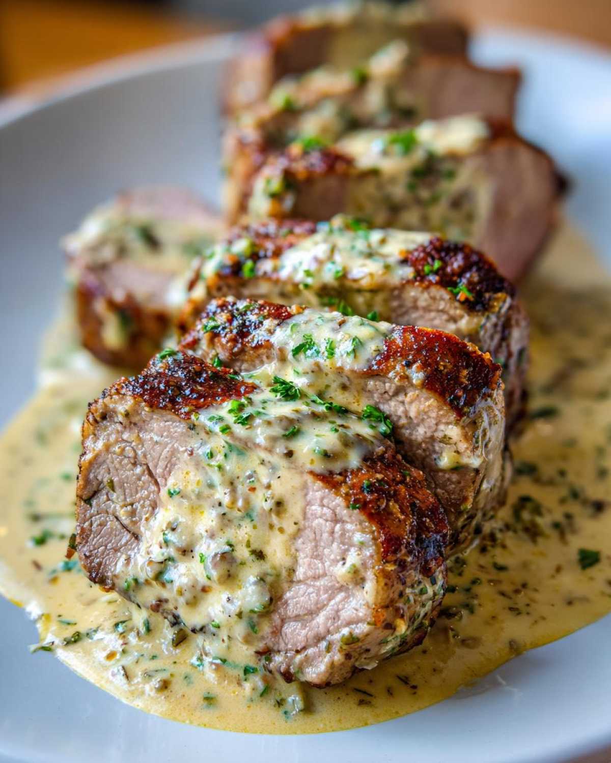 Close-up of sliced Keto Creamy Garlic Herb Pork Tenderloin smothered in a rich, herb-flecked cream sauce.