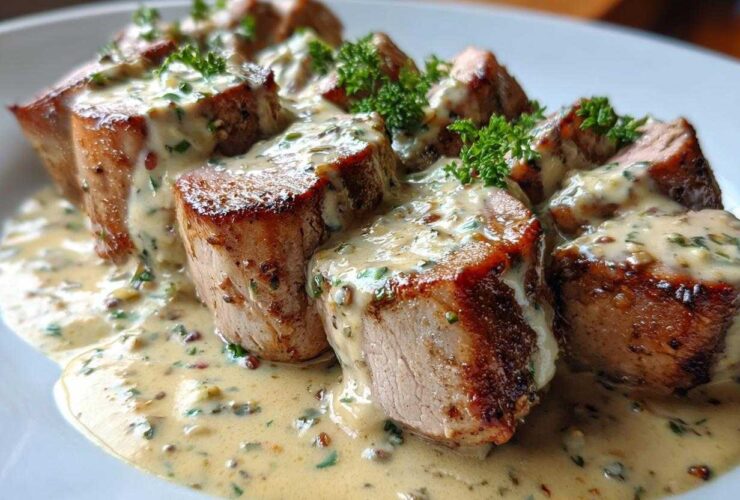 Slices of seared pork tenderloin covered in a rich Keto Creamy Garlic Herb sauce and garnished with parsley.