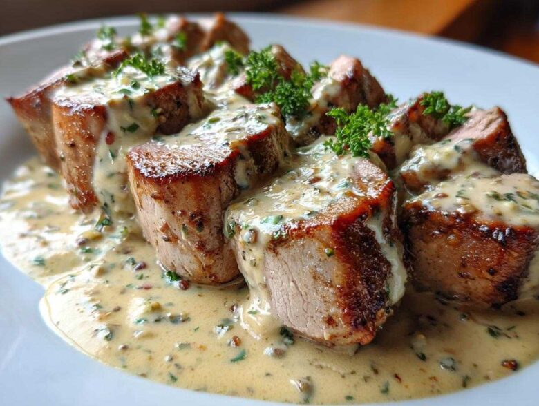Slices of seared pork tenderloin covered in a rich Keto Creamy Garlic Herb sauce and garnished with parsley.