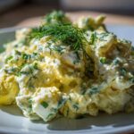 A close-up, bright photo of Keto Creamy Herb Deviled Egg Salad mixed with herbs and topped with fresh dill.