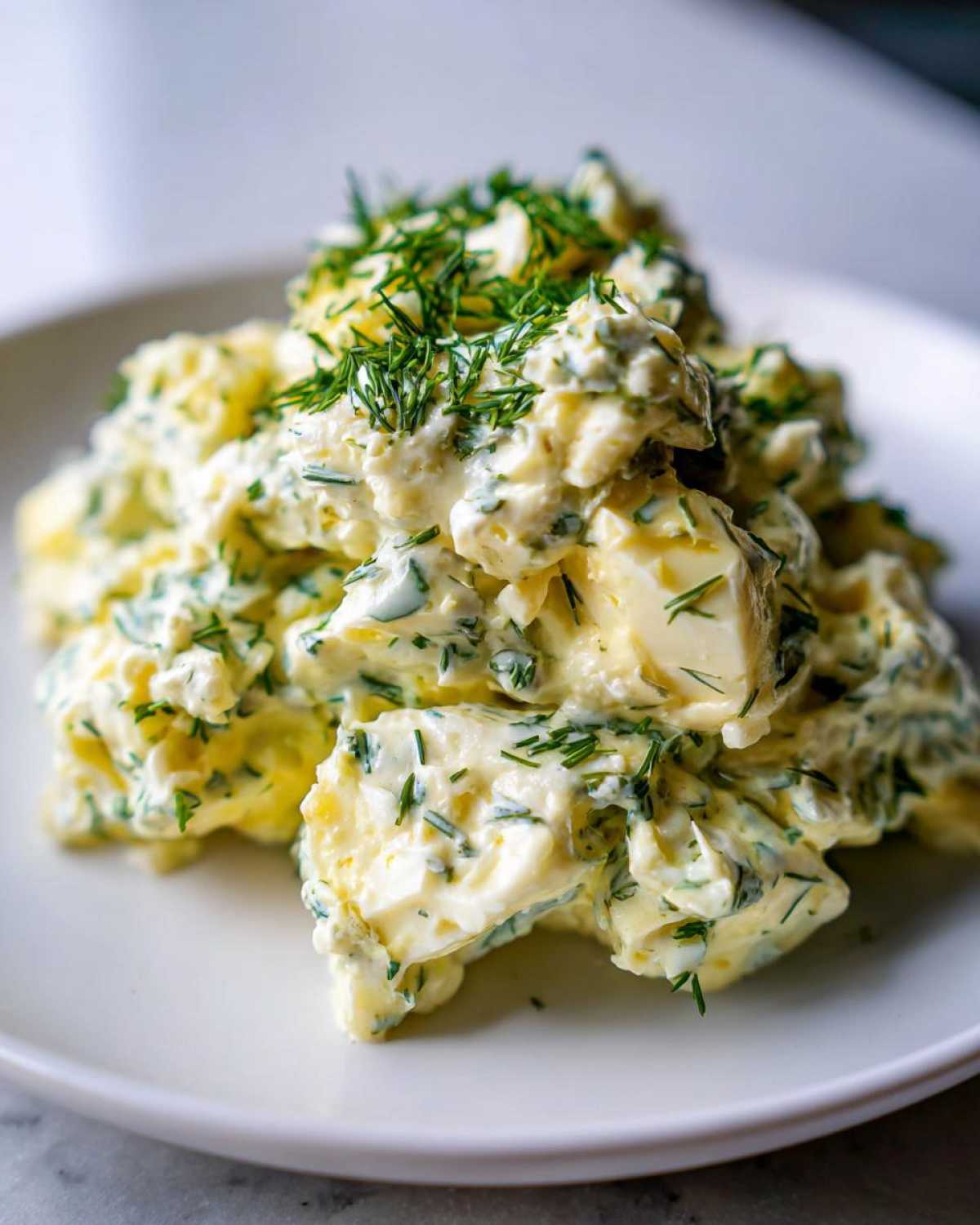 A close-up of a generous serving of Keto Creamy Herb Deviled Egg Salad topped with fresh dill.