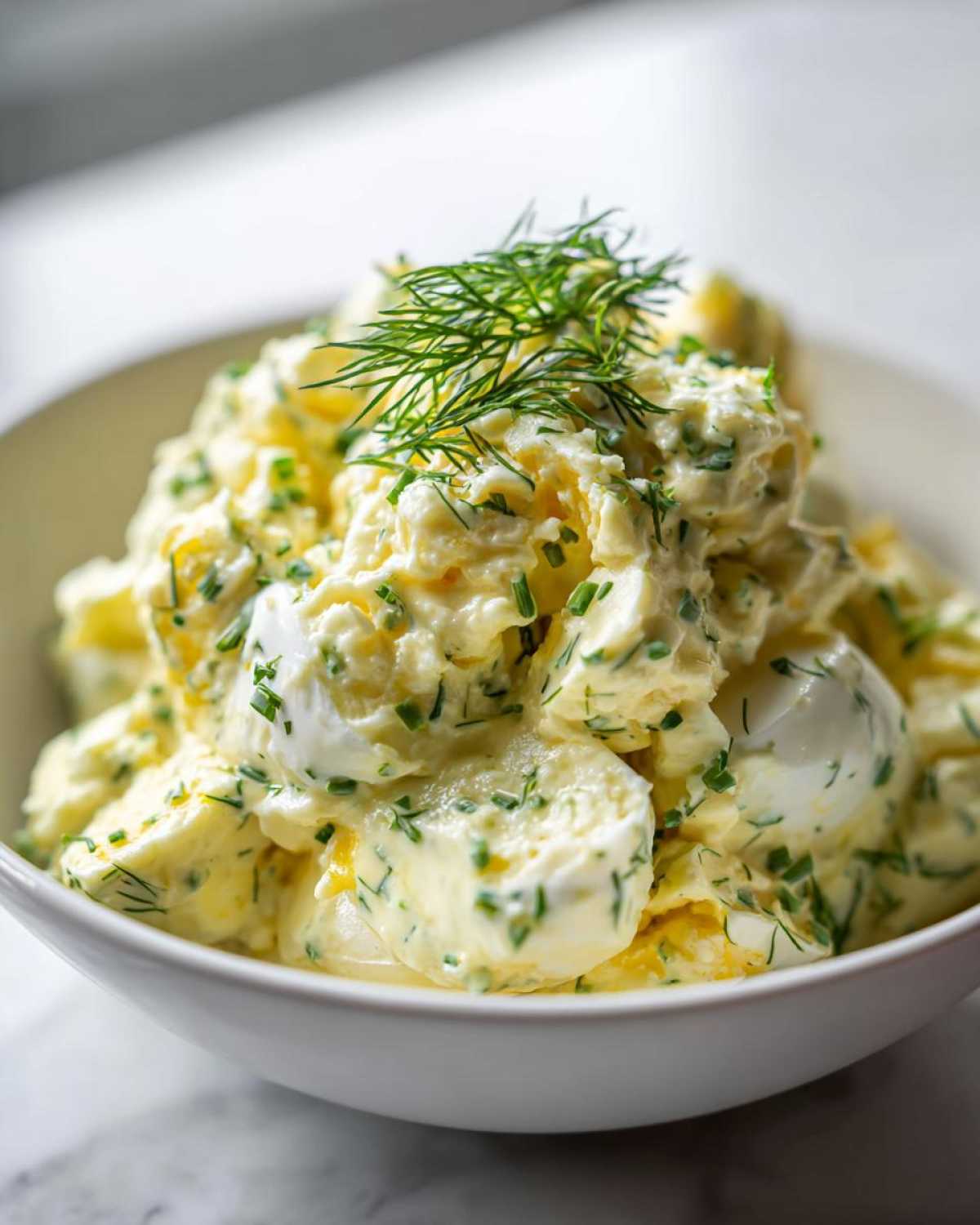 Close-up of Keto Creamy Herb Deviled Egg Salad, featuring chunky egg pieces coated in creamy dressing and topped with fresh dill.
