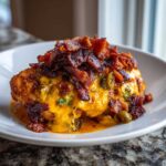 A close-up of Keto Creamy Jalapeno Popper Chicken topped with melted cheese sauce, jalapenos, and crispy bacon bits.