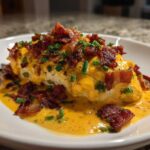 A serving of Keto Creamy Jalapeno Popper Chicken smothered in orange sauce, topped with crispy bacon bits and chives.
