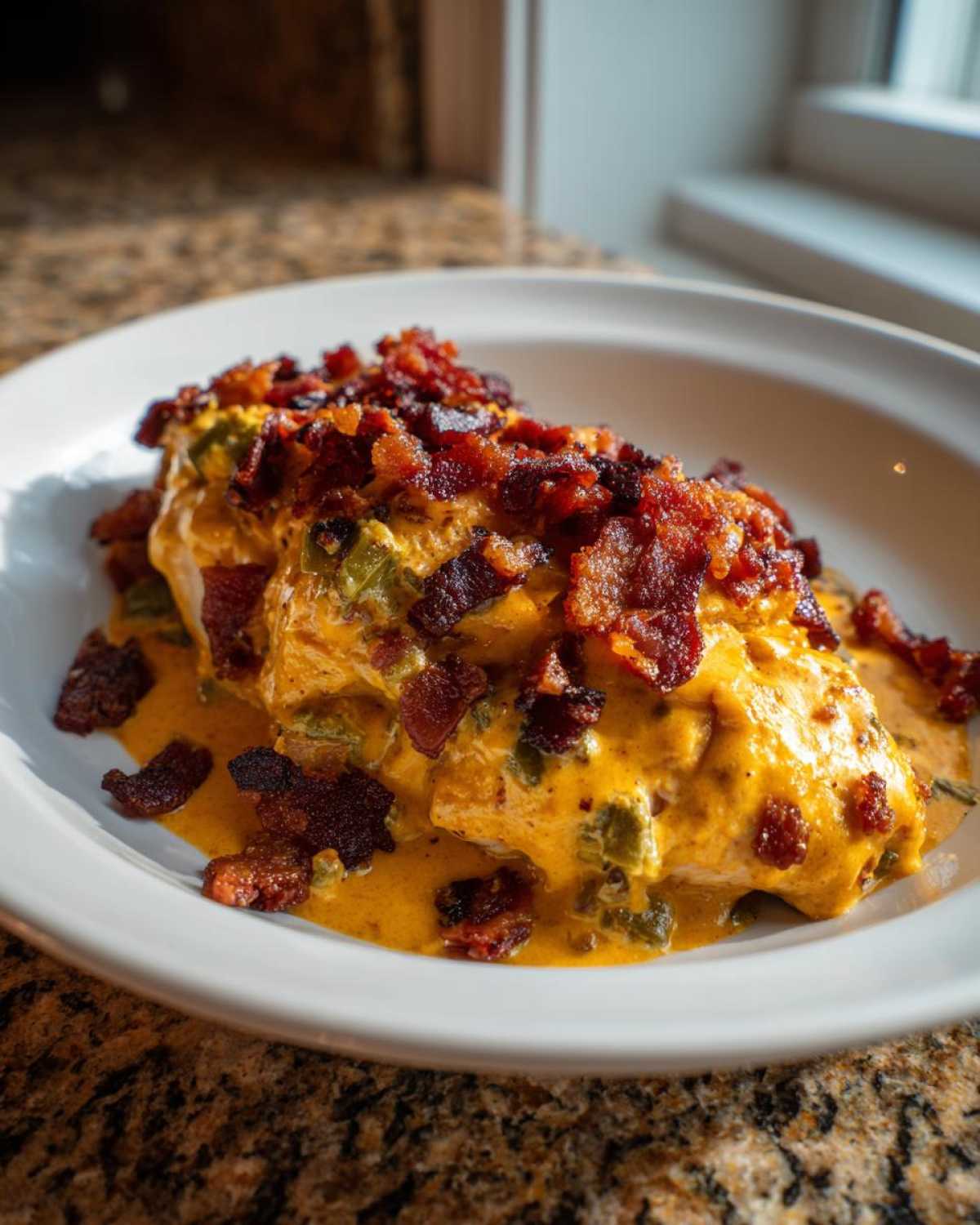 Close-up of Keto Creamy Jalapeno Popper Chicken smothered in cheese sauce, jalapenos, and topped with crispy bacon bits.