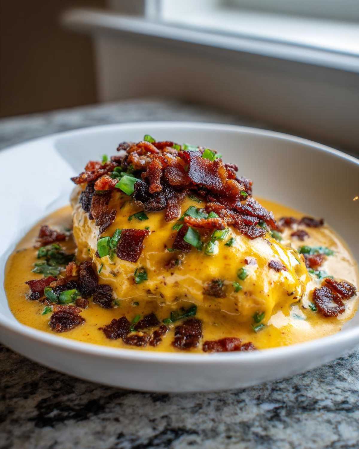 A close-up of Keto Creamy Jalapeno Popper Chicken smothered in orange cheese sauce and topped with bacon bits and chives.