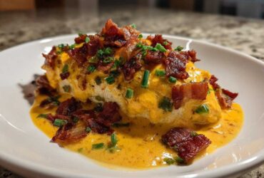 A serving of Keto Creamy Jalapeno Popper Chicken smothered in orange sauce, topped with crispy bacon bits and chives.