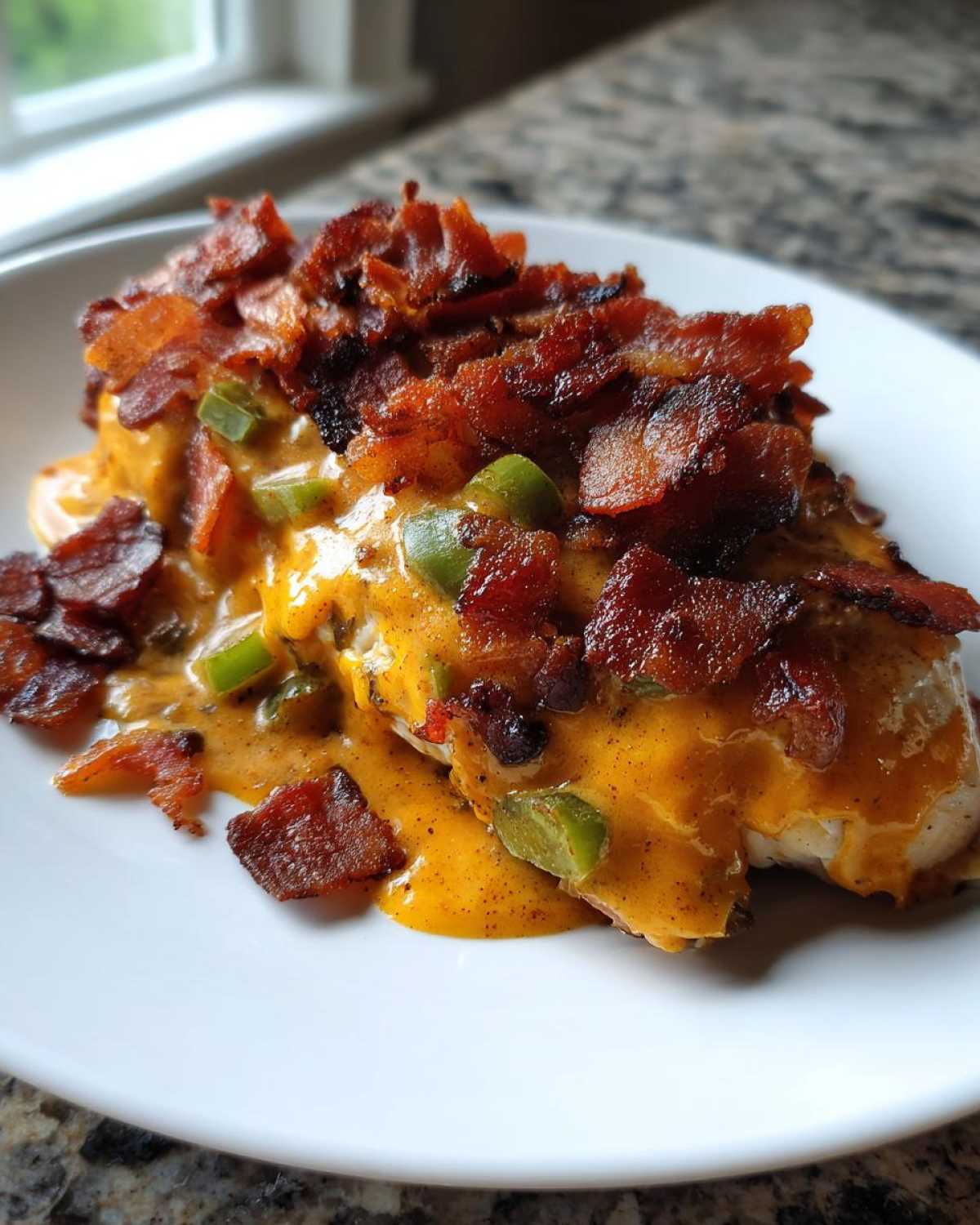 A serving of Keto Creamy Jalapeno Popper Chicken topped with melted cheese sauce, green peppers, and crispy bacon crumbles.