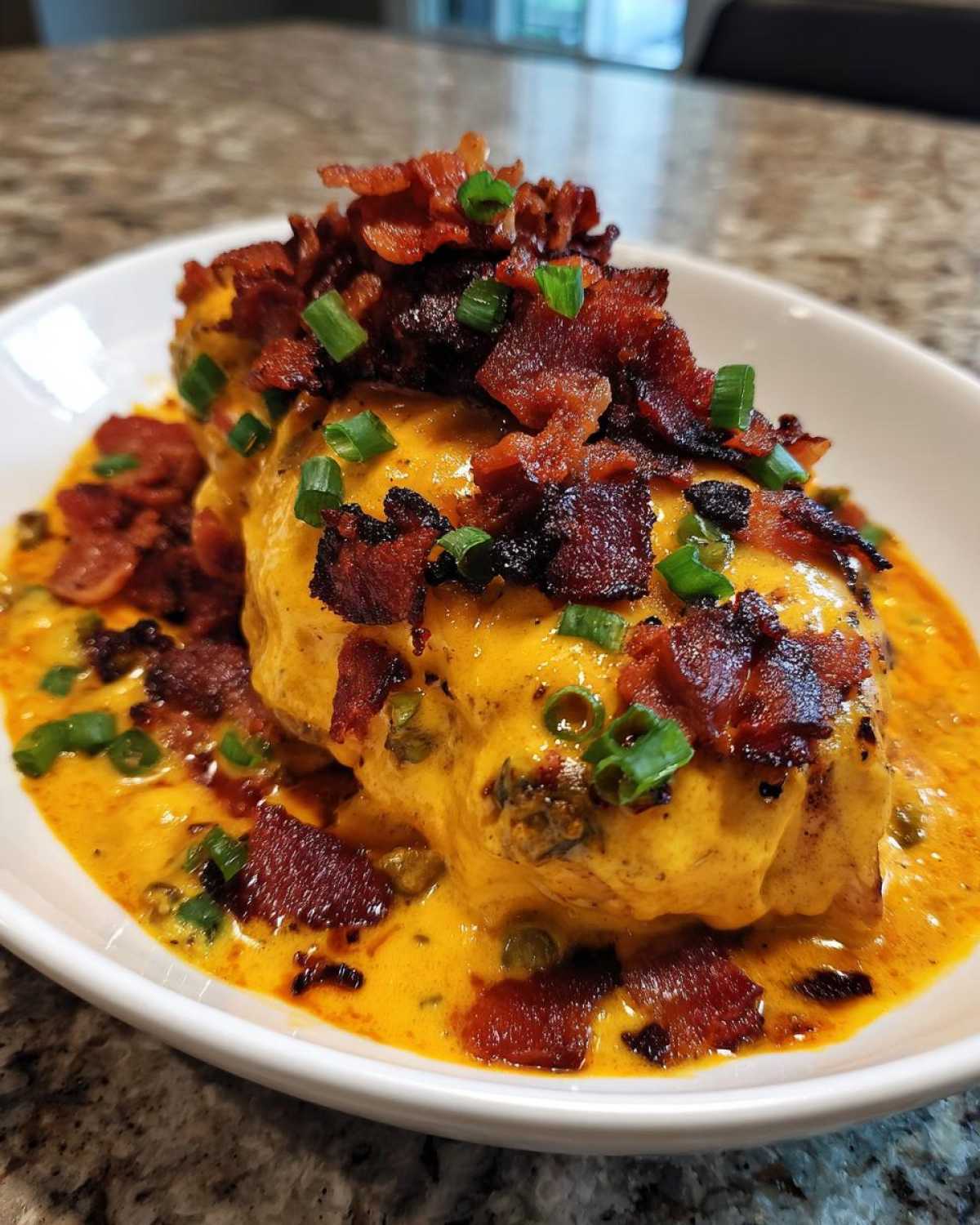A serving of Keto Creamy Jalapeno Popper Chicken smothered in cheese sauce, topped with bacon bits and green onions.