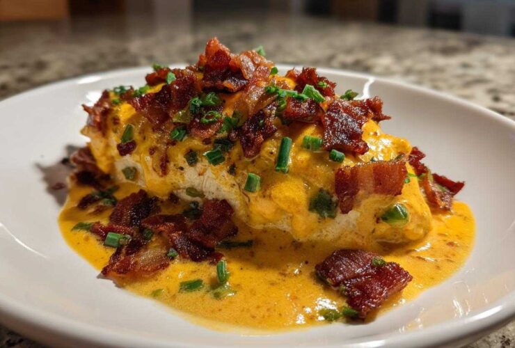 A serving of Keto Creamy Jalapeno Popper Chicken smothered in orange sauce, topped with crispy bacon bits and chives.
