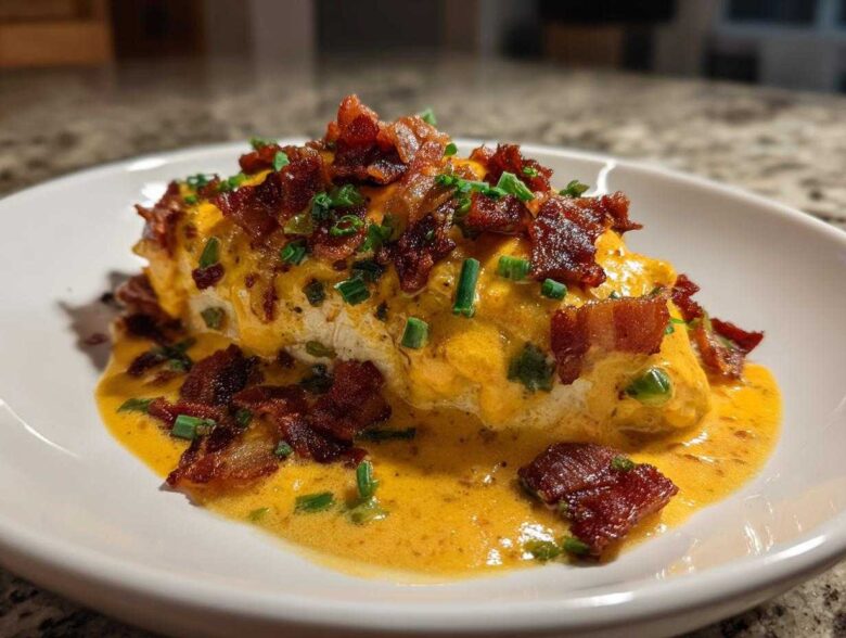 A serving of Keto Creamy Jalapeno Popper Chicken smothered in orange sauce, topped with crispy bacon bits and chives.