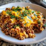 A close-up of a serving of Keto Creamy Taco Skillet with cauliflower rice, topped with melted cheddar cheese and fresh cilantro.