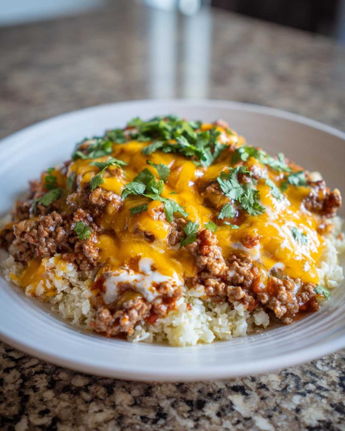 A bowl of Keto Creamy Taco Skillet with seasoned ground beef, melted cheddar cheese, and cilantro over cauliflower rice.