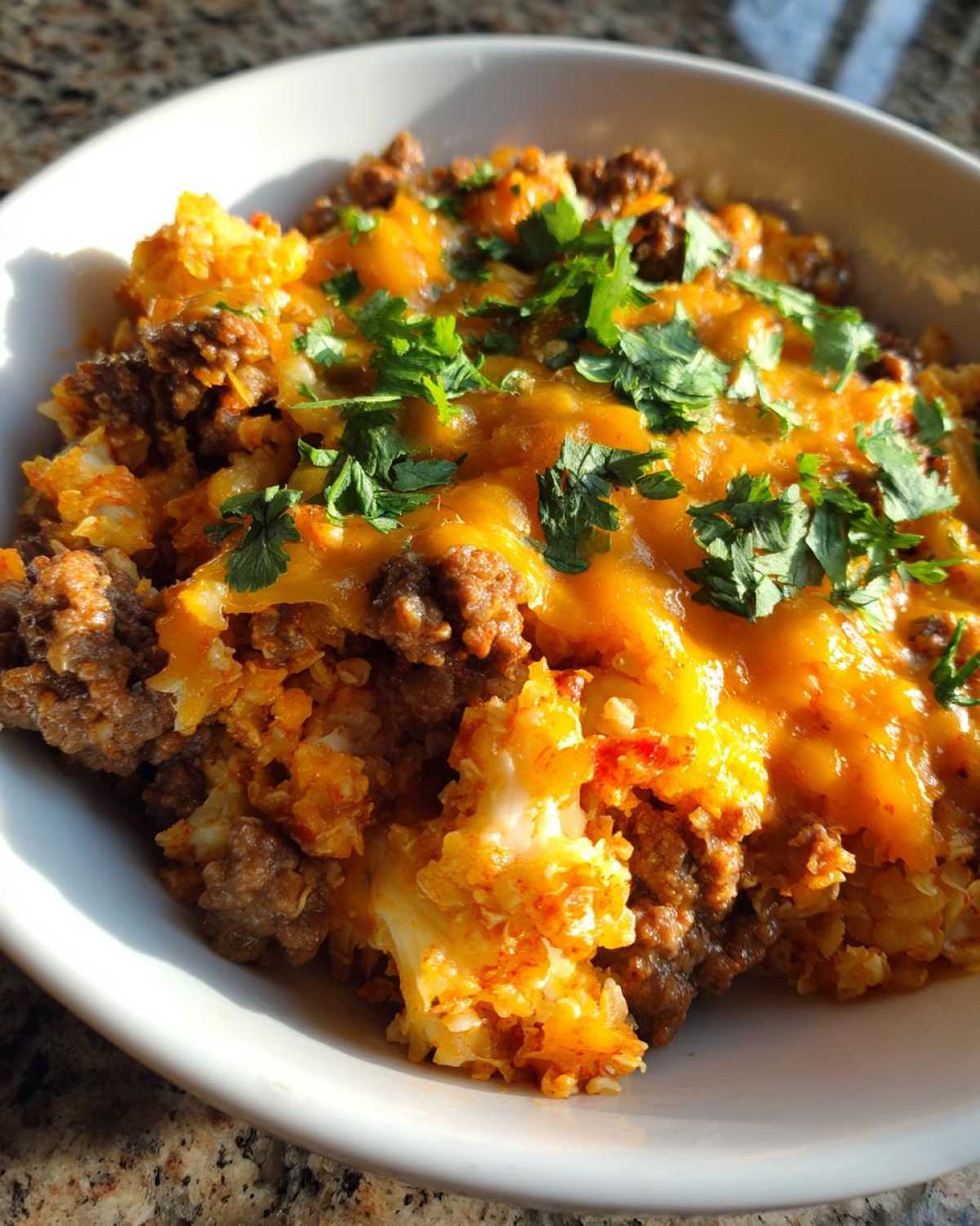 A close-up of a serving of Keto Creamy Taco Skillet with cauliflower rice, seasoned ground beef, and melted cheddar cheese, topped with cilantro.
