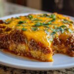 A rich slice of Keto Creamy Taco Skillet with cauliflower rice base, topped with seasoned ground beef and melted cheddar cheese, garnished with cilantro.
