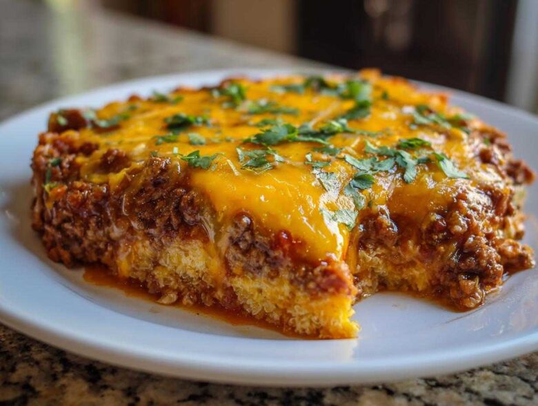 A rich slice of Keto Creamy Taco Skillet with cauliflower rice base, topped with seasoned ground beef and melted cheddar cheese, garnished with cilantro.