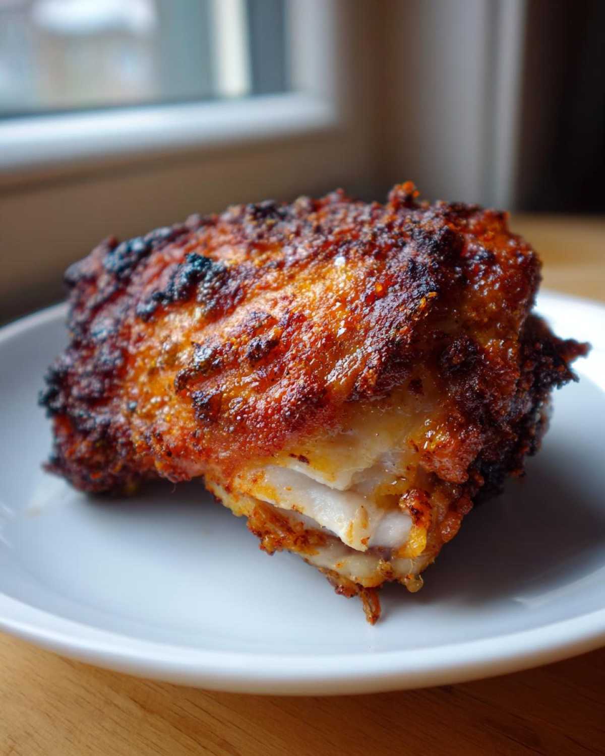Close-up of a single, perfectly cooked Keto Crispy Baked Chicken Thigh with a dark, seasoned crust.