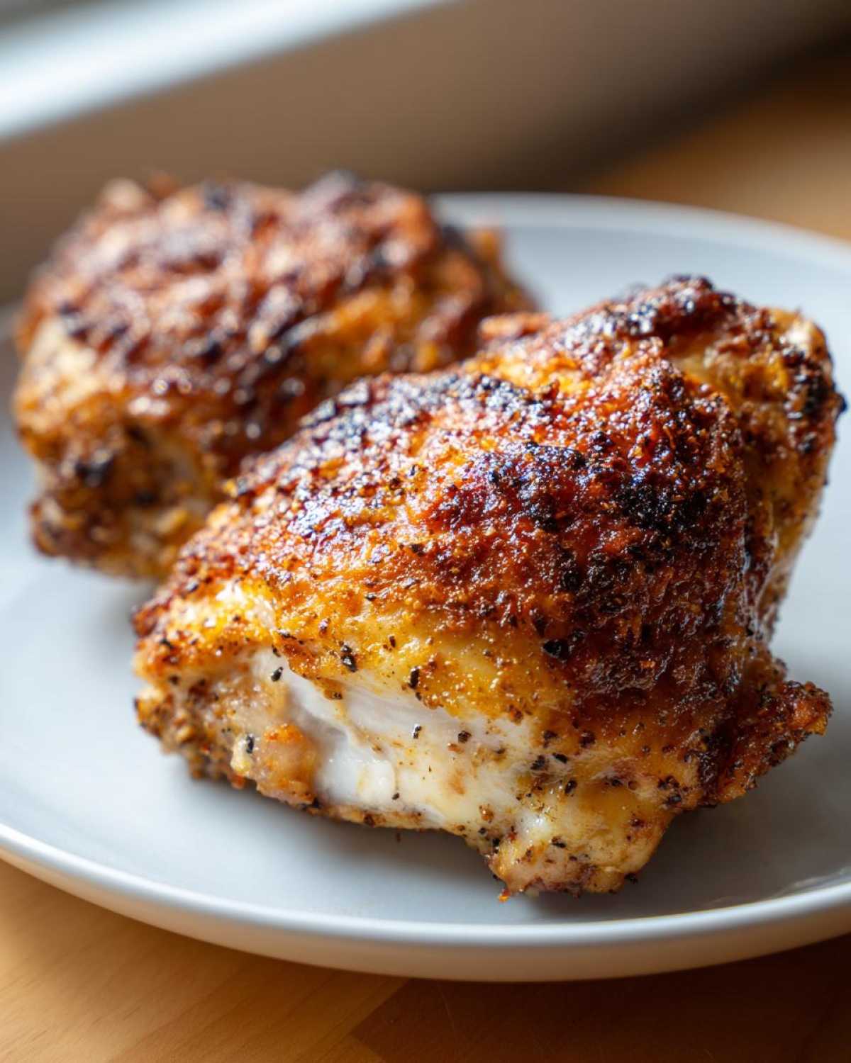 Two pieces of Keto Crispy Baked Chicken Thighs with deeply browned, seasoned skin on a light gray plate.