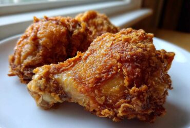 Close-up of two perfectly cooked Keto Crispy Baked Chicken Thighs with a crunchy, golden-brown exterior on a white plate.